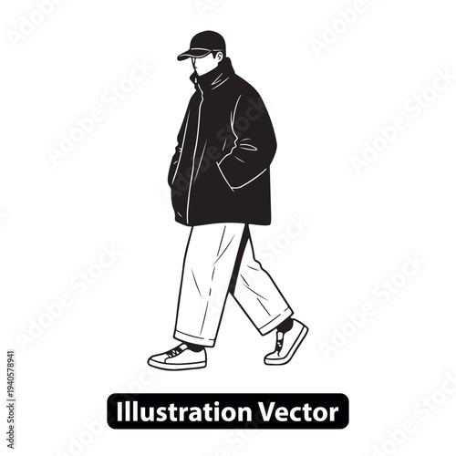 Man walking in casual wear and cap, illustration vector graphic