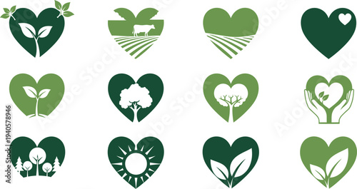 Collection of heart shaped nature icons with leaves and plants