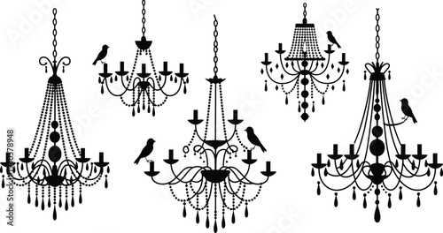Six ornate black and white chandeliers with birds perched on them in a symmetrical arrangement