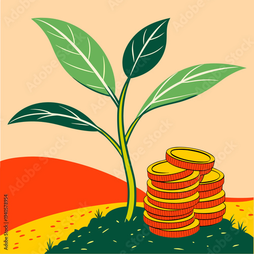 Money investment concept showing plant growing from stacked coins. Ideal for finance, savings plans, wealth management, passive income, and economic growth visuals.