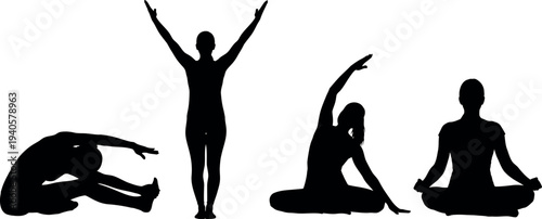 Four silhouette yoga poses for mindfulness and flexibility