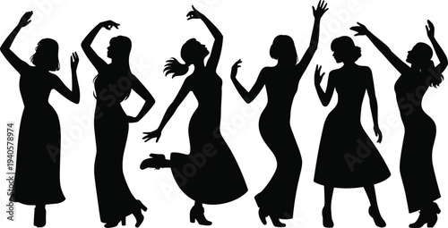 Six Silhouettes of Women Dancing in Long Dresses on White Background black