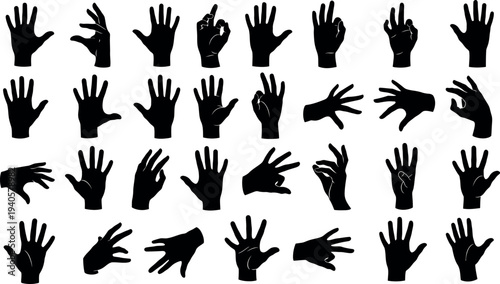 Collection of various hand gestures in black silhouette