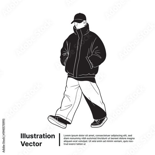 Man walking with hands in pockets wearing casual clothes and cap a vector illustration