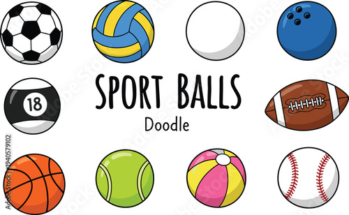 Sport balls doodle set, hand drawn soccer basketball volleyball baseball tennis bowling and beach ball icons, playful vector illustration