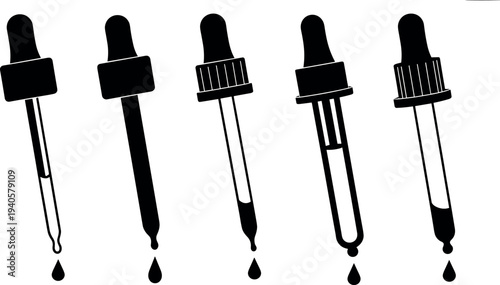 Five black dropper bottles with liquid drops vector illustration, flat design