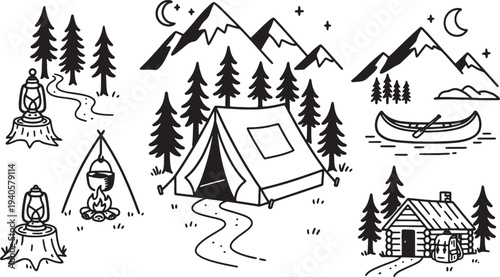 camping and outdoor activities icons set