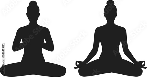 Two Silhouettes of People Sitting in Meditation Poses with Hands in Different Mudras yoga