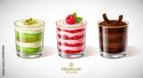 Three glasses of layered desserts with fruits and nuts premium quality elegant presentation delicious treats sweet indulgences gourmet