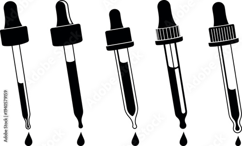 Five eyedropper pipettes dropping liquid in a row vector illustration