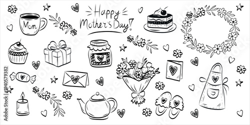 Cute hand drawn Mother's Day doodle set with flowers, gifts, cake, teapot, bouquet, apron, candle and love elements. Perfect for greeting cards, invitations, marketing materials, posters, social media
