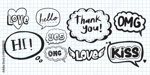 A collection of hand-drawn doodle speech bubbles with various common English words like 'Love', 'hello', 'HI!', 'yes', 'OMG', 'thank you!', and 'kiss' on a grid paper background.