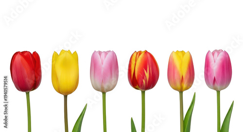 A row of six colorful tulips in bloom showcased on transparent background