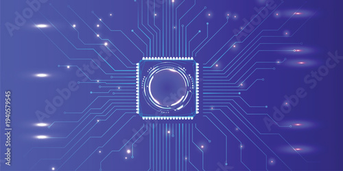 Futuristic blue CPU microchip with glowing circular core and neon circuit board connections, abstract digital technology hardware background