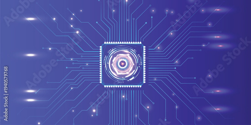 Futuristic glowing CPU microchip with neon circuits on blue digital board, abstract hi-tech processor background for AI, data network and computing