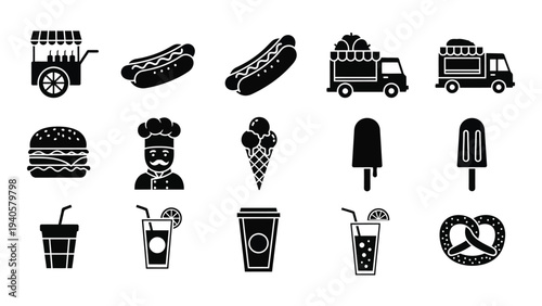 Black and white icons of fast food and drink items
