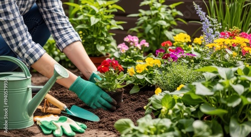 Gardener transplanting vibrant flowers in spring garden with watering can and gloves