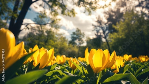 Sunny day in blooming meadow with vibrant yellow tulips in springtime nature scene.