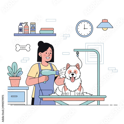 Professional dog grooming: groomer drying a happy dog on a table with a hairdryer