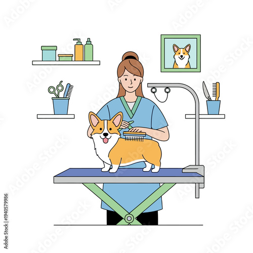 Professional groomer brushing a happy corgi dog on a grooming table in a salon