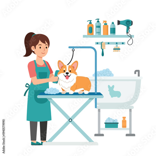 Professional groomer bathing a happy corgi dog in a grooming salon with bathtub and supplies