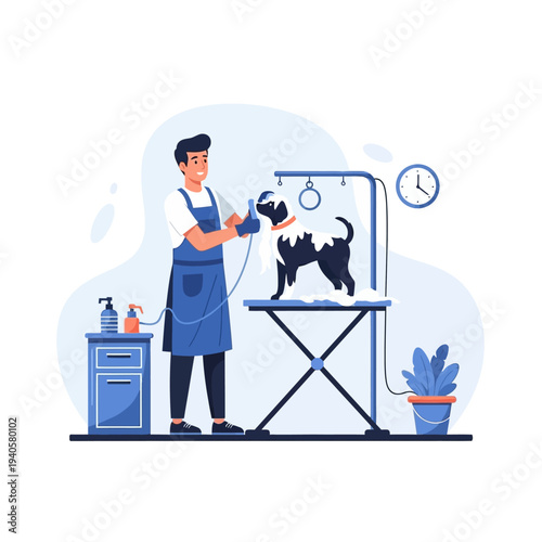 Professional groomer washing a dog on a grooming table, pet care, hygiene, grooming salon