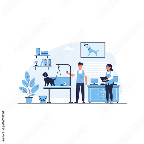 Professional groomers bathing and drying a dog in a modern pet salon, happy pet care