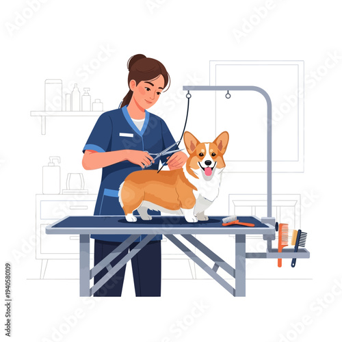 Professional groomer trimming a happy corgi dog on a grooming table in a salon