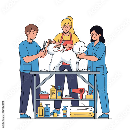 Professional Groomers Caring for a Fluffy White Dog on a Grooming Table