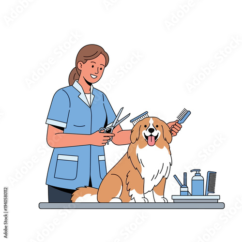 Professional groomer trimming a happy dog with scissors and brush, grooming salon