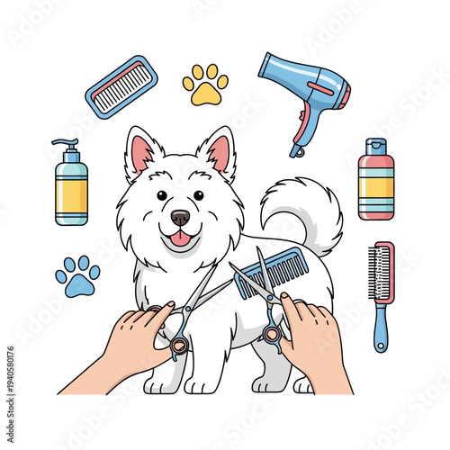 Cute Dog Grooming: Professional Pet Care with Tools, Scissors, Dryer, Shampoo