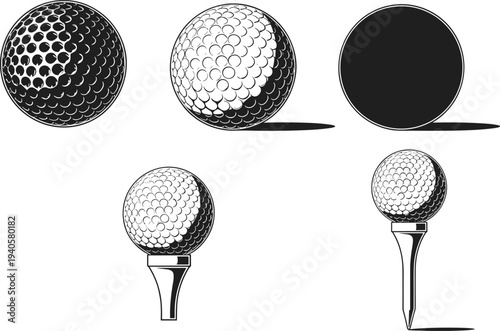 Golf ball and tee icon set with realistic dimple texture sport equipment symbol isolated black white vector illustrationv