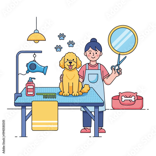 Happy dog grooming, groomer with scissors and mirror, pet care, salon, grooming table