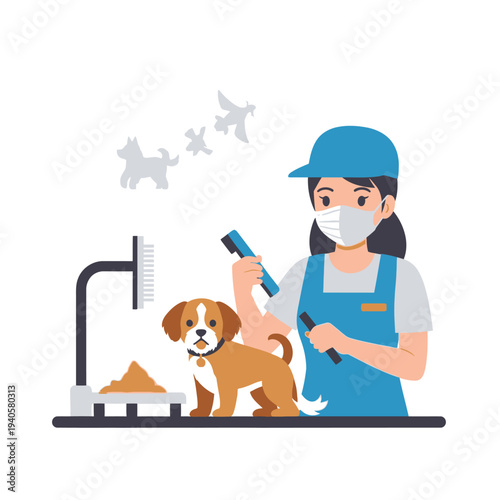 Pet Groomer with Dog, Brushing and Weighing Scale, Hygiene and Care Concept