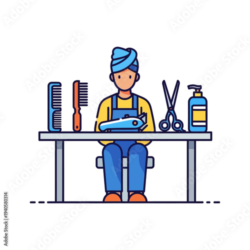 Pet Groomer with Tools, Ready for Work