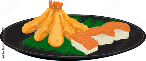 Japanese Tempura Fried Shrimp Set on Black Oval Plate