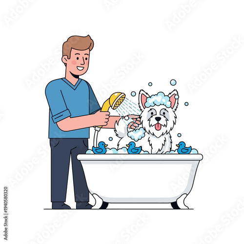 Man bathing a happy white dog in a bathtub with rubber ducks, grooming, hygiene