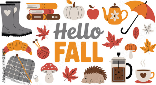 Autumn season collection with leaves pumpkin cozy items and hello fall typography on a clean white background
