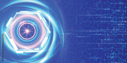 Title: Futuristic blue digital technology background with glowing hexagon HUD interface and flowing binary data stream on cyber space