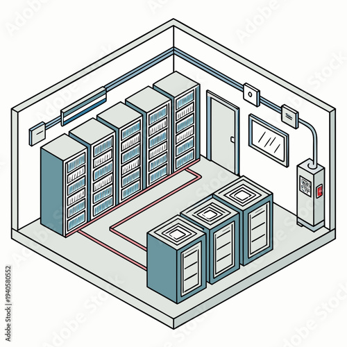 Isometric illustration of a server room with racks of servers and network cables, representing data center infrastructure