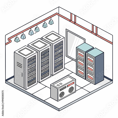 Isometric illustration of a server room with racks and a vintage radio, depicting technology and retro elements
