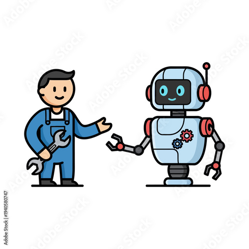 Mechanic and robot working together, teamwork, innovation, technology, repair, assistance