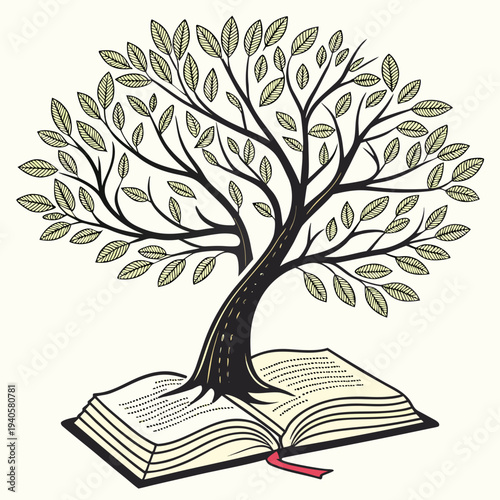 Tree of knowledge illustration growing from an open book, symbolizing education, learning, and intellectual growth with a red bookmark