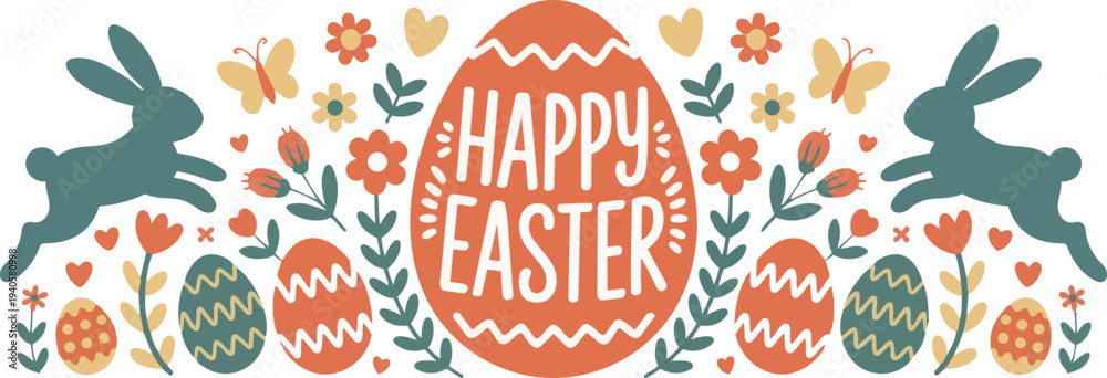 Fototapeta premium Cute hand drawn easter bunnies design, easter doodle background, great for textiles, banners, wallpapers, wrapping - vector design