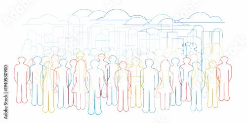 Abstract illustration of a crowd with a city skyline backdrop