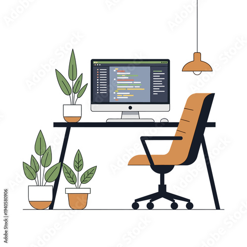 Modern home office with computer, chair, plants, and desk lamp