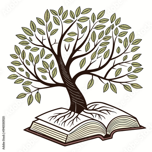 Stylized illustration of a tree of knowledge growing from an open book, symbolizing education, wisdom, and growth