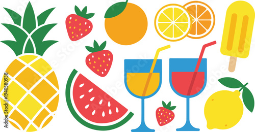 Summer fruit collection featuring pineapple watermelon strawberries orange lemon and popsicles on plain white