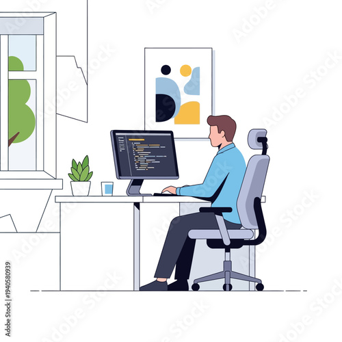 Programmer working on computer at desk, coding in modern office, focused developer at workstation