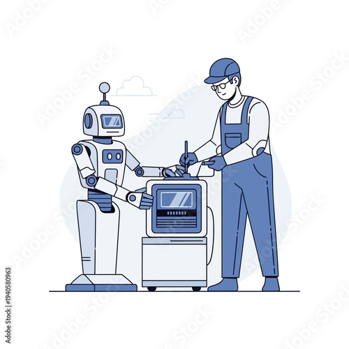 Robot and technician working together on a computer, futuristic technology concept